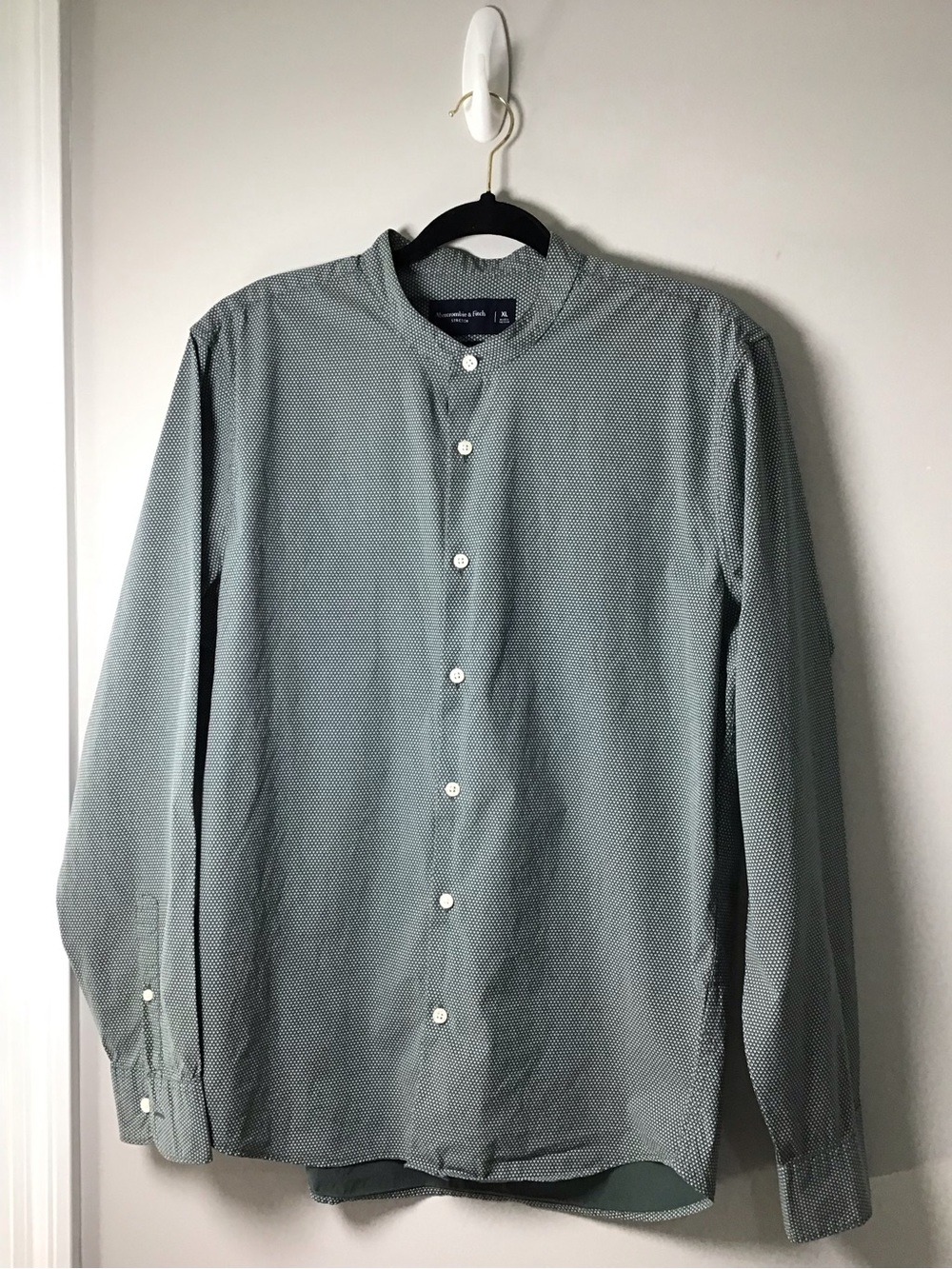Abercrombie & Fitch Men's Band Collar Button-Down Shirt - Sage Green Microprint